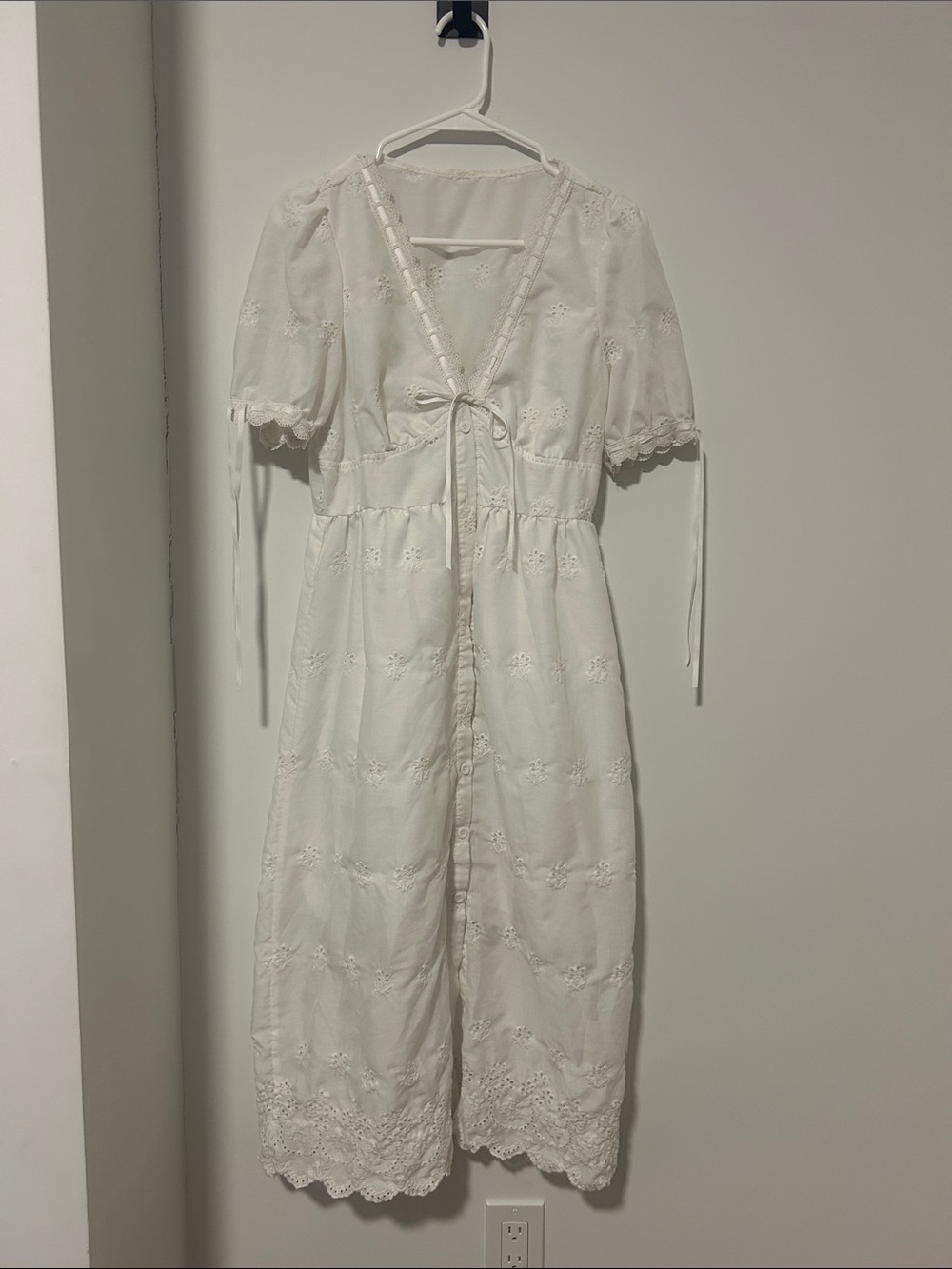 Vintage White Eyelet Midi Dress with Tie Front